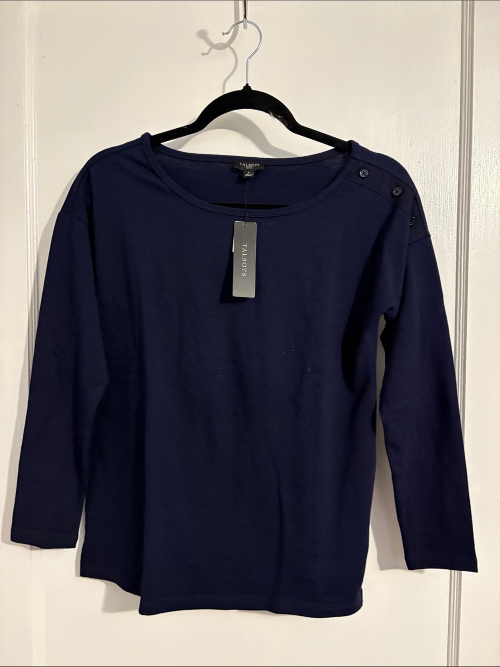 Talbots Petites Navy Button-Shoulder Long Sleeve Tee Shirt